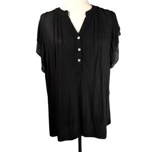 POL Black Boho Pleated Button Mesh Flutter Short Sleeve Top Blouse Size Small